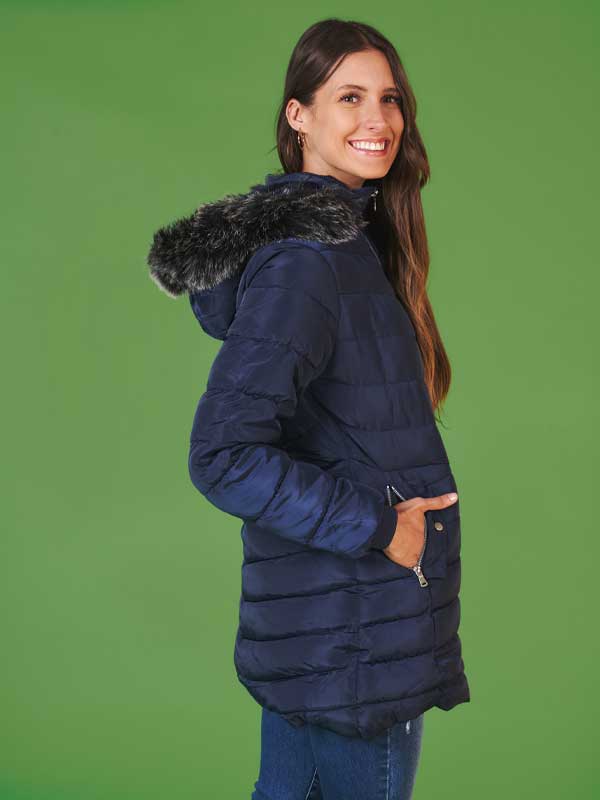 Cazadora para dama con gorro afelpado, color azul